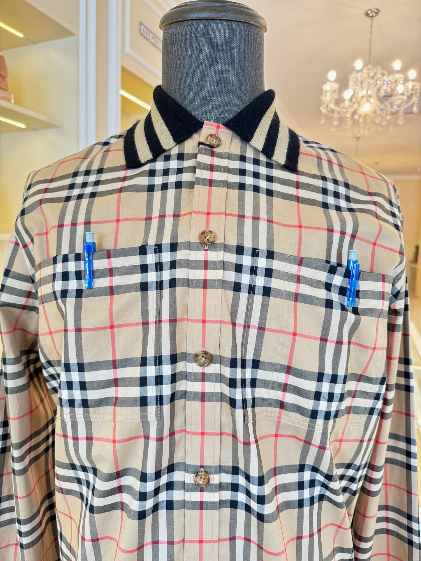 Burberry Men's Long Sleeve Checkered Shirt with Knit Collar
